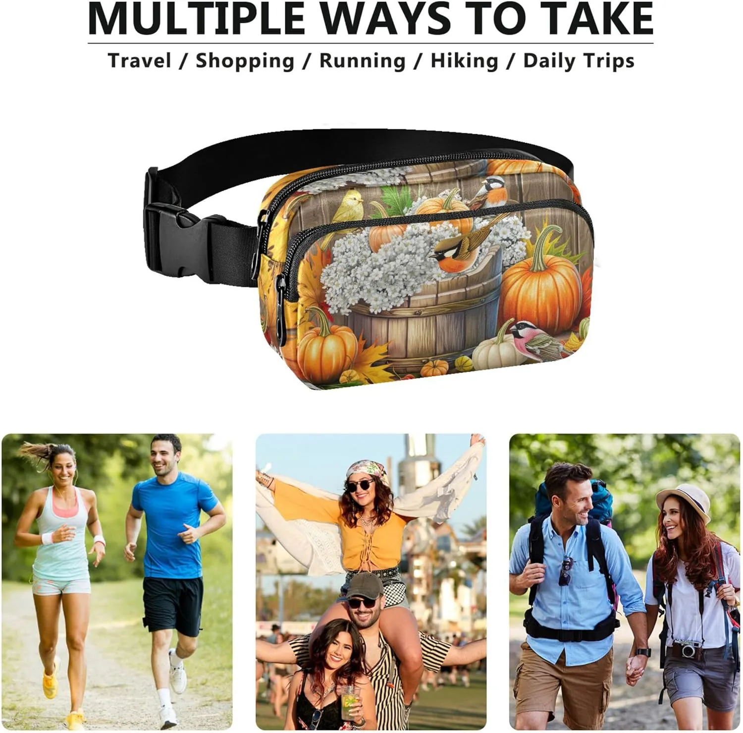 Autumn Birds Pumpkin Harvest Fanny Pack for Women Waterproof Belt Bag Hip Pack Flower Waist Pack for Women