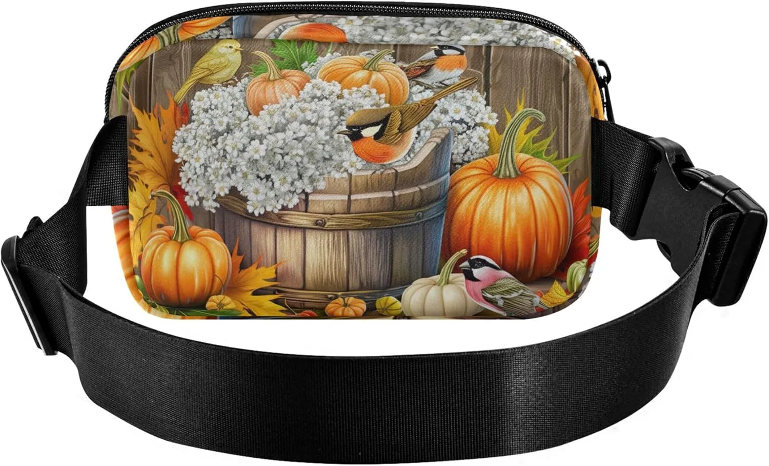 Autumn Birds Pumpkin Harvest Fanny Pack for Women Waterproof Belt Bag Hip Pack Flower Waist Pack for Women