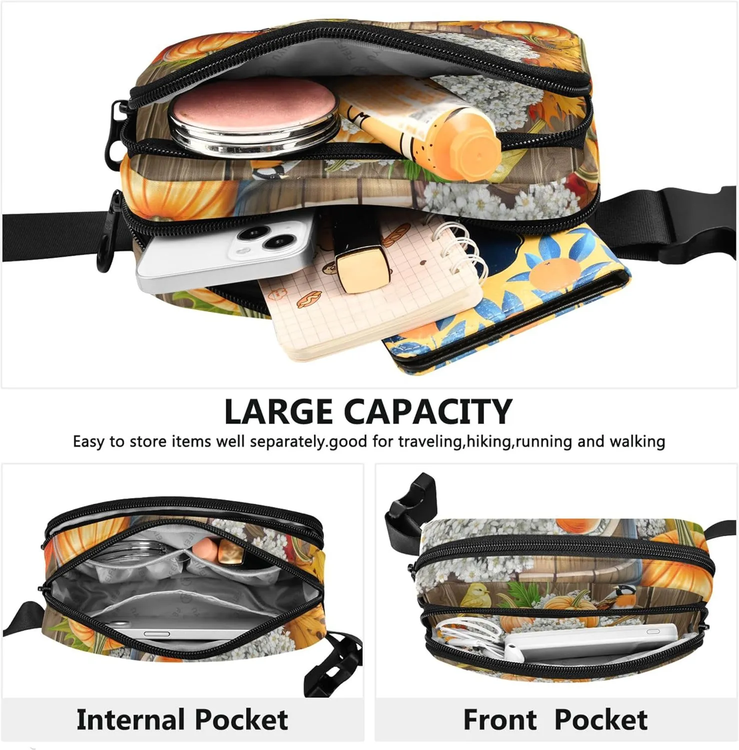Autumn Birds Pumpkin Harvest Fanny Pack for Women Waterproof Belt Bag Hip Pack Flower Waist Pack for Women