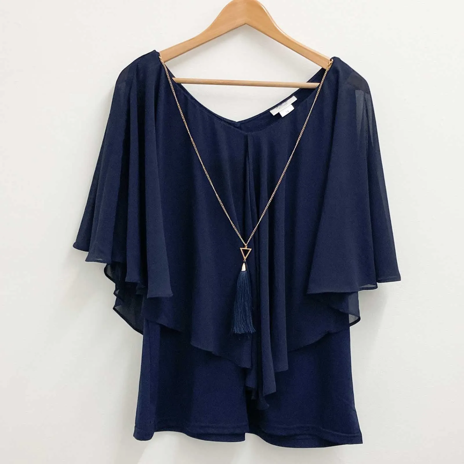 Avenue Navy Overlay Necklace V-Neck Top UK 14