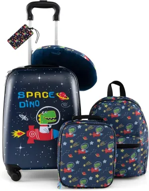 BABY JOY Kids Luggage, 5 Pieces Luggage Set w/ 16" Carry-on Hardshell Spinner Toddler Suitcase, 13" Backpack, Neck Pillow & Insulated Lunch Bag, Travel Kids Rolling Suitcase for Boys (Navy Astronauts)