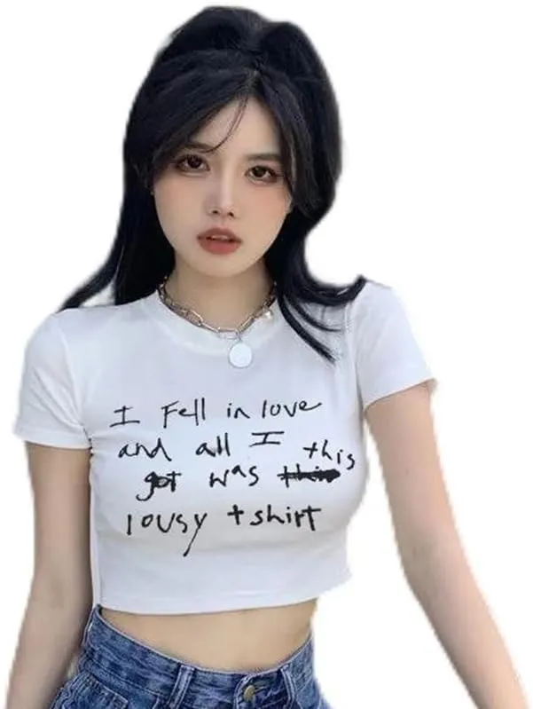 Baby Tees for Women Y2K Short Sleeve Graphic Crop Tops Grunge T-Shirts