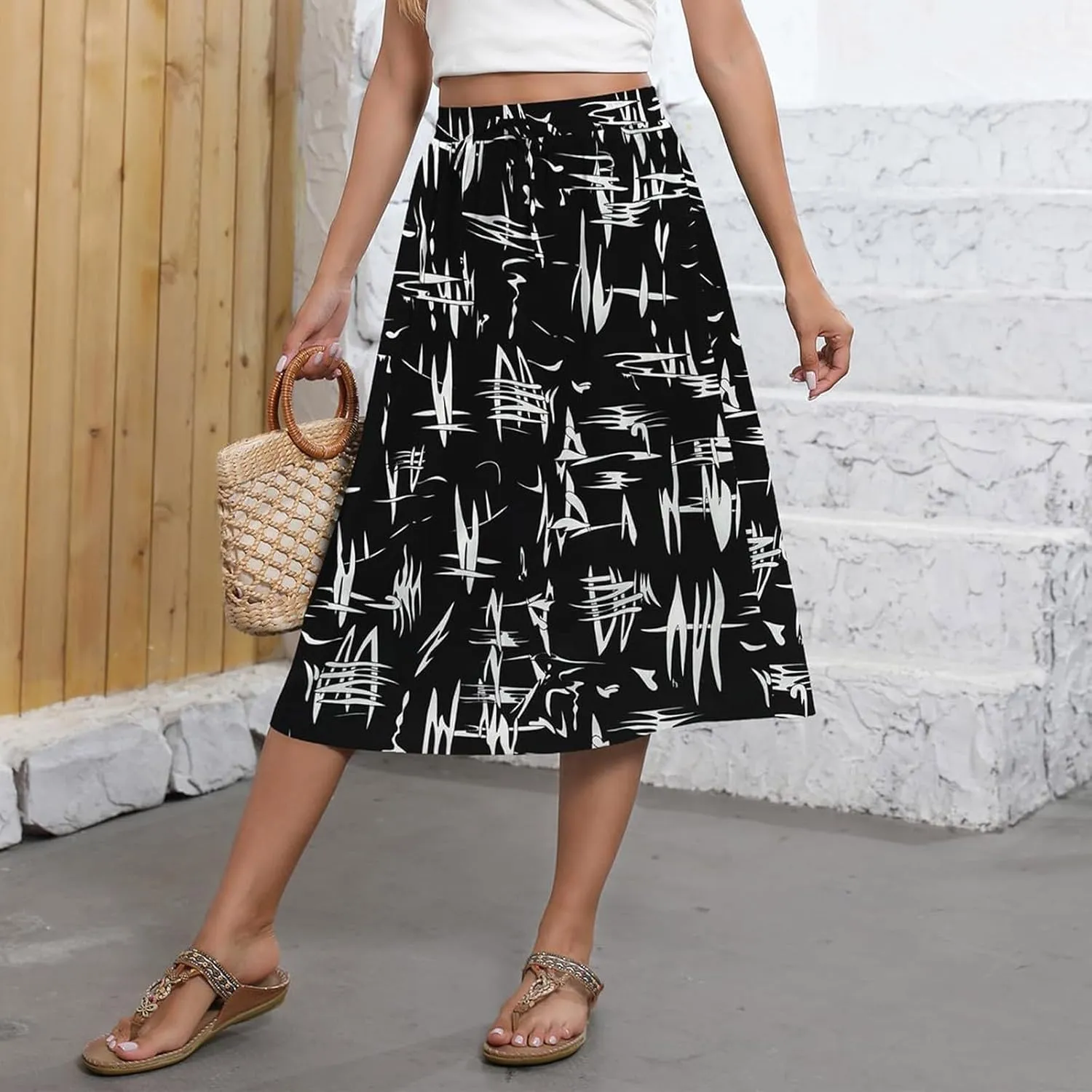 Beach Skirts for Women Drawstring Elastic Waist Summer Midi Skirt A Line Smocked Skirts Knee Length with Pockets