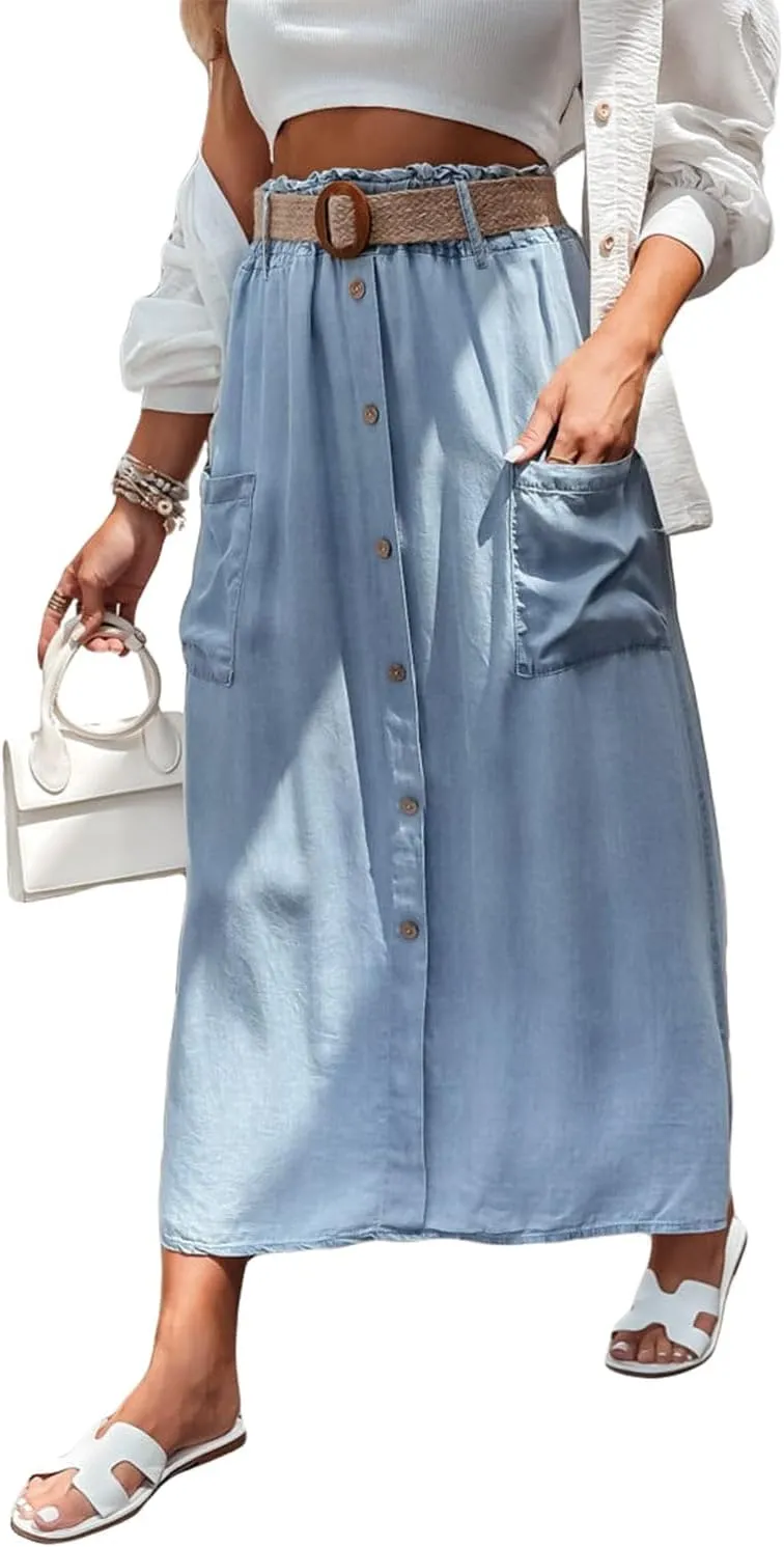 Beau Blue Buttoned Front High Waist Side Pockets Denim Maxi Skirt
