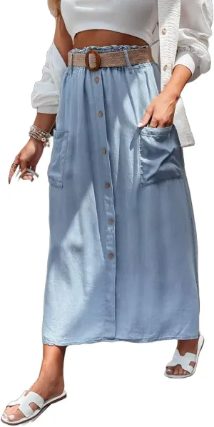 Beau Blue Buttoned Front High Waist Side Pockets Denim Maxi Skirt