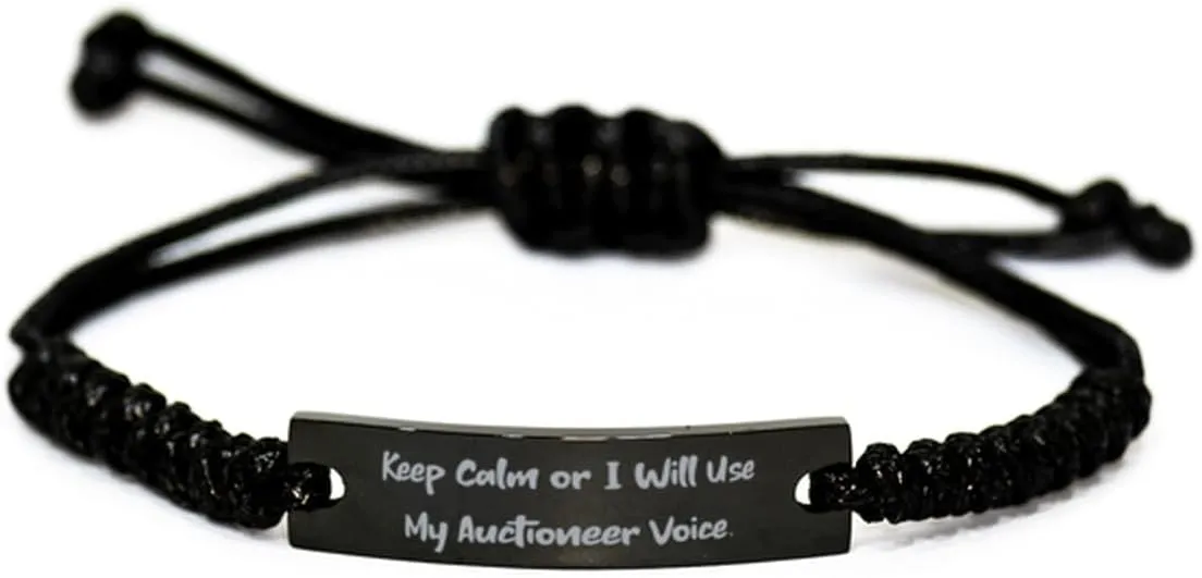 Beautiful Auctioneer Gifts, Keep Calm or I Will Use My, Best Birthday Black Rope Bracelet For Coworkers From Coworkers, Jewelry, Sterling silver, Bangle, Cuff, Personalize