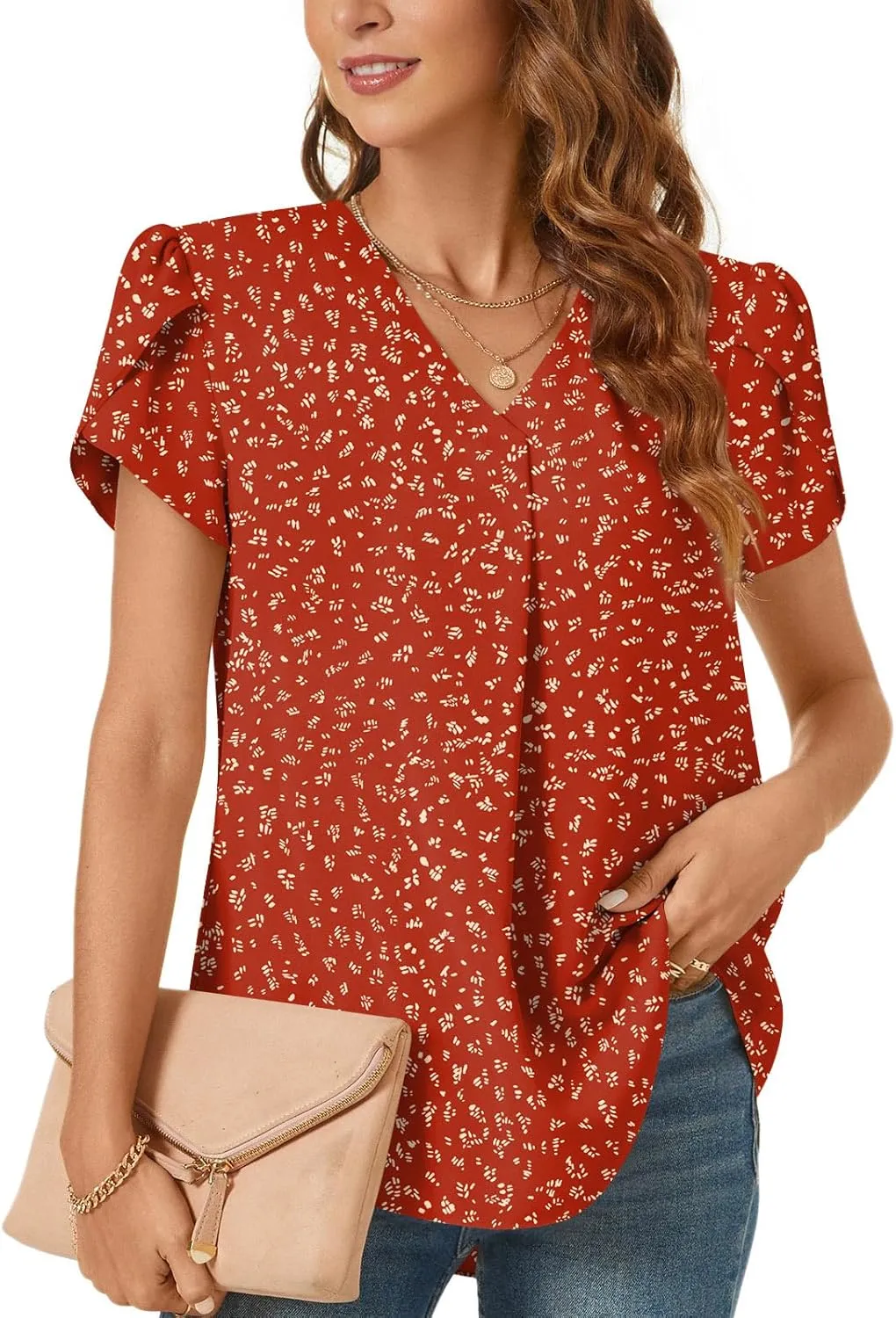 Bestbee Women's Dressy Chiffon Blouses V Neck Tops Tee 2025 Summer Shirts Petal Short Sleeve Casual T-Shirts