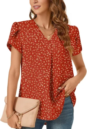 Bestbee Women's Dressy Chiffon Blouses V Neck Tops Tee 2025 Summer Shirts Petal Short Sleeve Casual T-Shirts