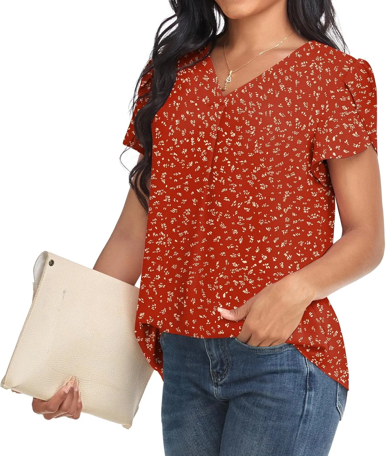 Bestbee Women's Dressy Chiffon Blouses V Neck Tops Tee 2025 Summer Shirts Petal Short Sleeve Casual T-Shirts