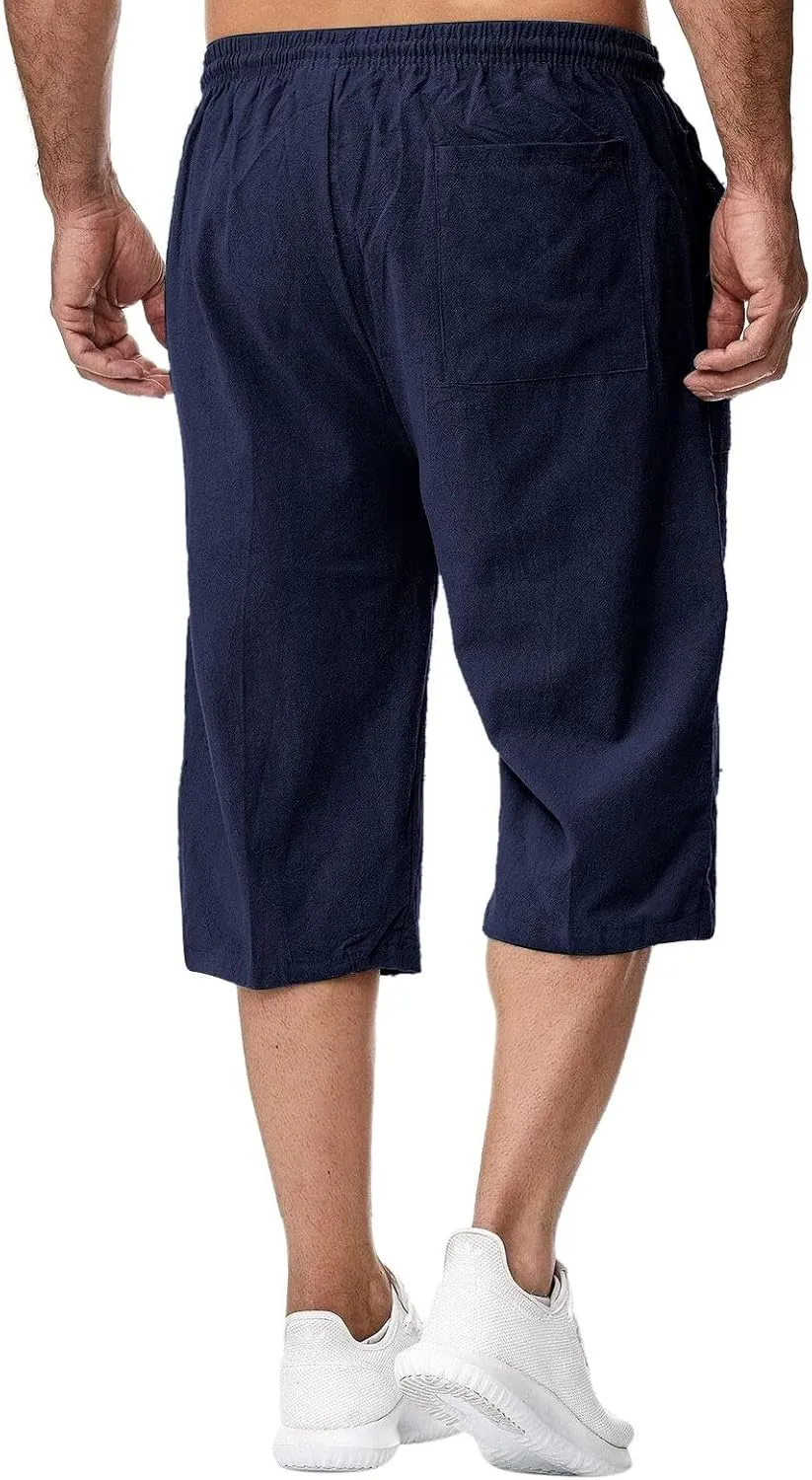 BIFUTON Mens Linen Shorts, Men's Linen Short Long Knee Length Elastic Waist Drawstring Casual Relaxed Fit Summer Beach Shorts