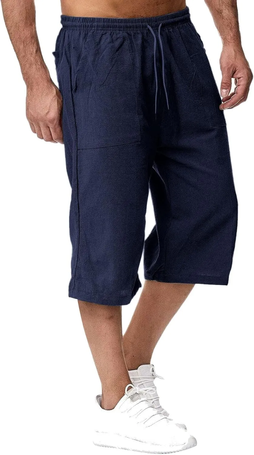 BIFUTON Mens Linen Shorts, Men's Linen Short Long Knee Length Elastic Waist Drawstring Casual Relaxed Fit Summer Beach Shorts