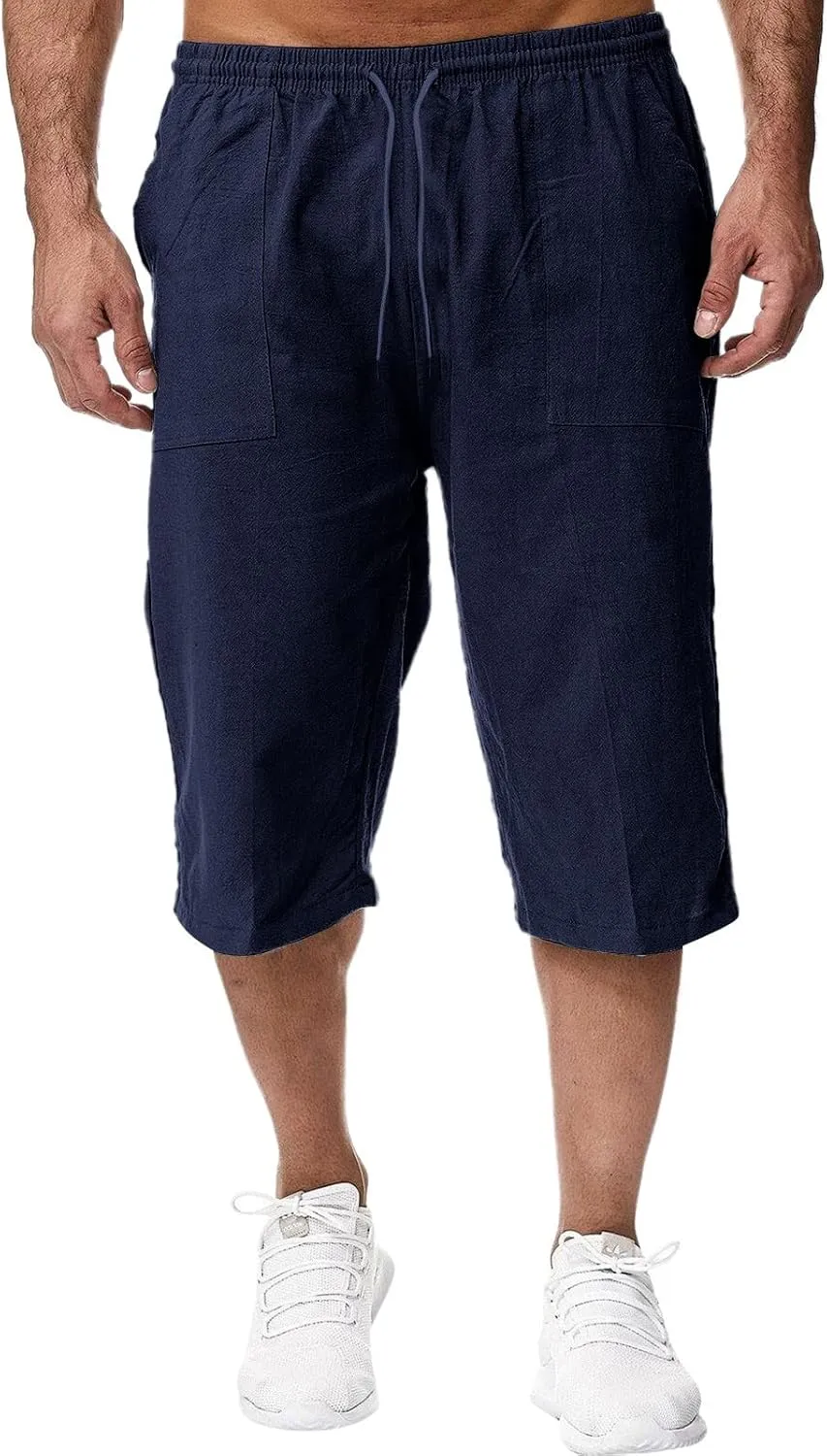 BIFUTON Mens Linen Shorts, Men's Linen Short Long Knee Length Elastic Waist Drawstring Casual Relaxed Fit Summer Beach Shorts