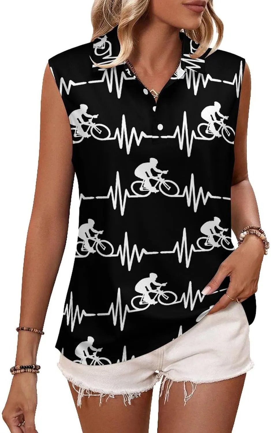 Bike Cycling Heartbeat Lifeline Women's Sleeveless Golf Polo Shirts Athletic Tank Tops