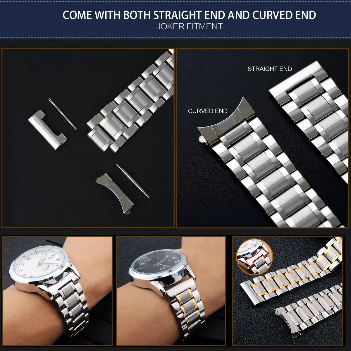 BINLUN Stainless Steel Watch Bands 12mm-24mm Universal Metal Replacement Watch Straps SmartWatch Bracelets Links Straight & Curved Ends Men Women 6 Colors(Gold,12mm)