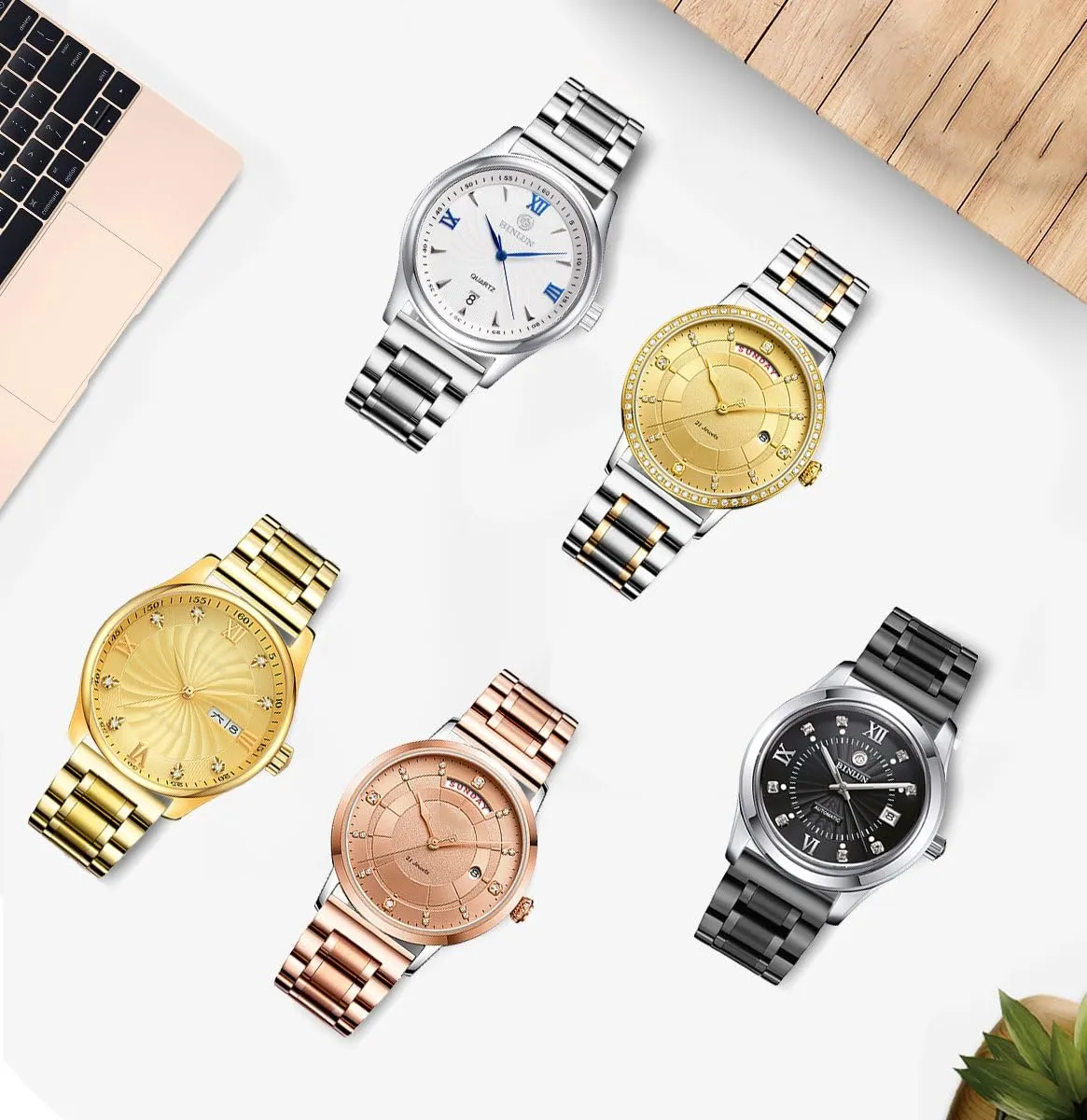 BINLUN Stainless Steel Watch Bands 12mm-24mm Universal Metal Replacement Watch Straps SmartWatch Bracelets Links Straight & Curved Ends Men Women 6 Colors(Gold,12mm)
