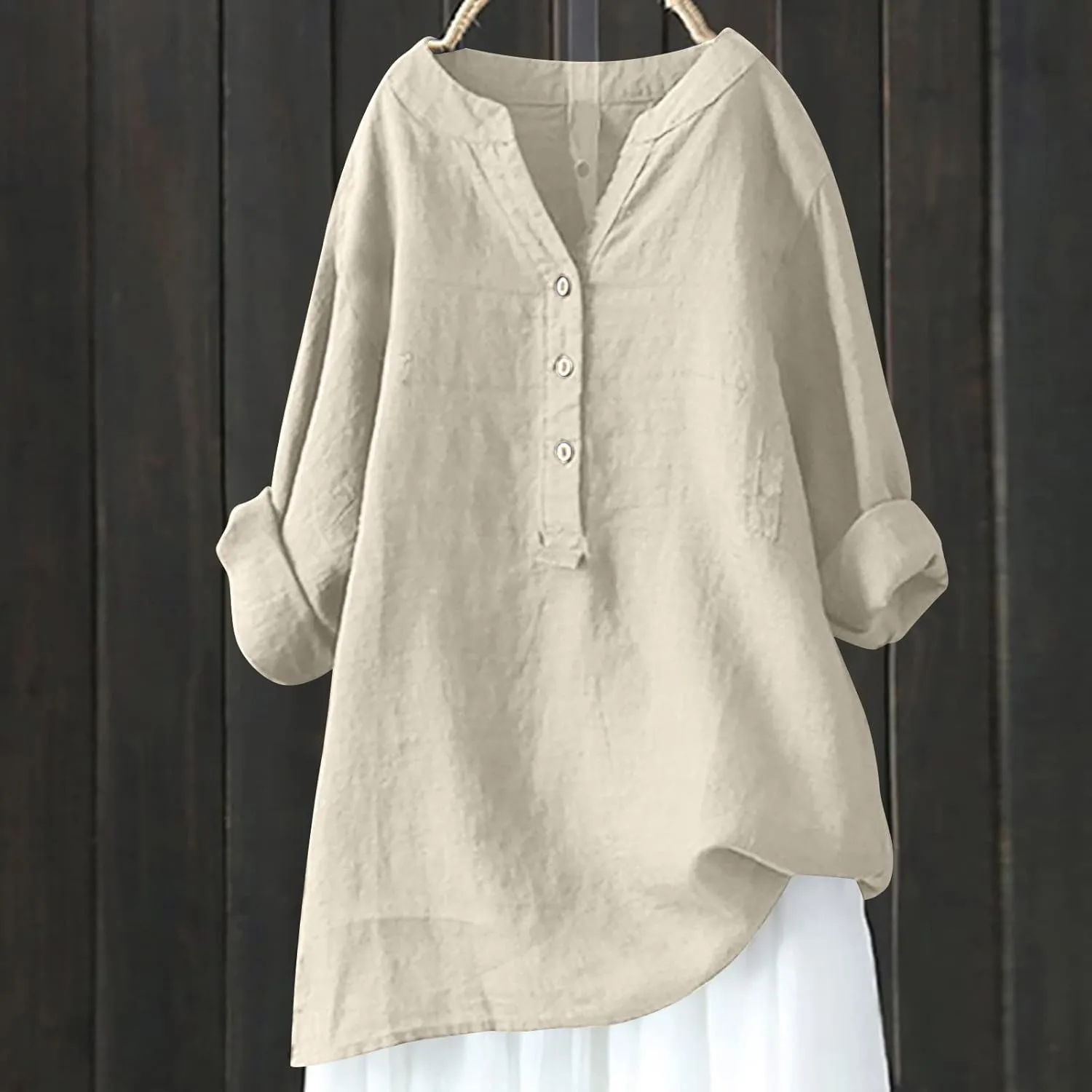 Binmer Women Linen Button Down Shirt Oversized Long Sleeve Blouse Ladies Summer Casual V Neck Beach Top.Plus Size S-5X