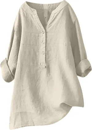 Binmer Women Linen Button Down Shirt Oversized Long Sleeve Blouse Ladies Summer Casual V Neck Beach Top.Plus Size S-5X