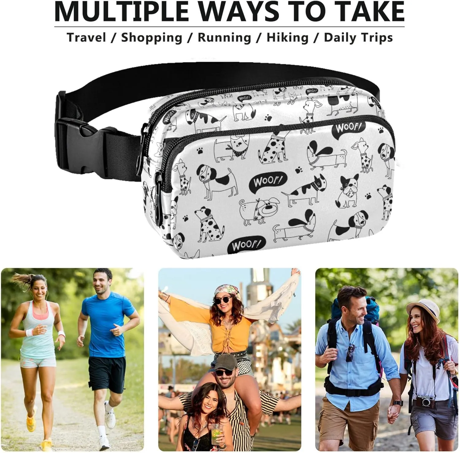 Black and White Dogs Women Fanny Pack Waterproof Hip Bag Belt Pouch Hiking Waist Purse for Women