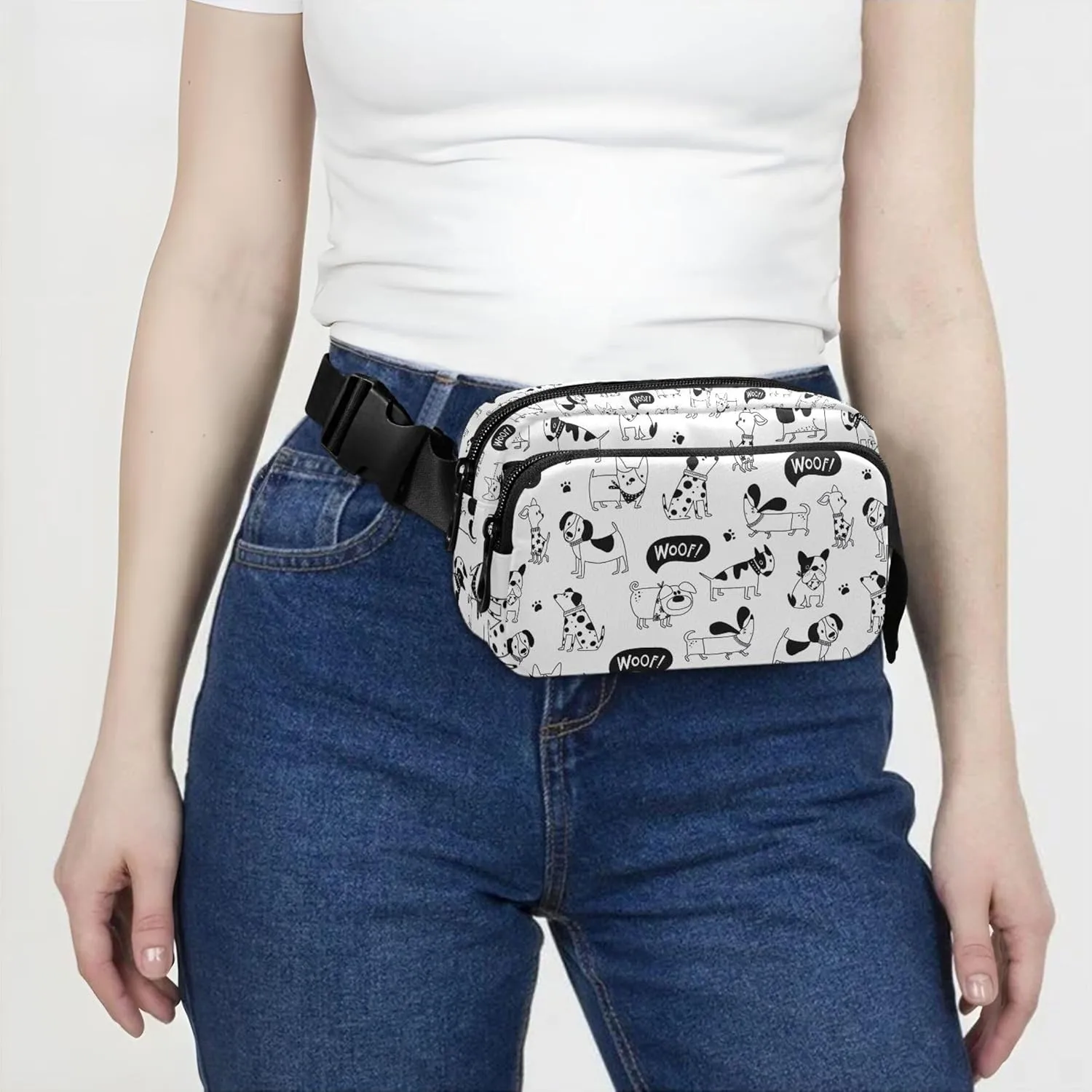 Black and White Dogs Women Fanny Pack Waterproof Hip Bag Belt Pouch Hiking Waist Purse for Women