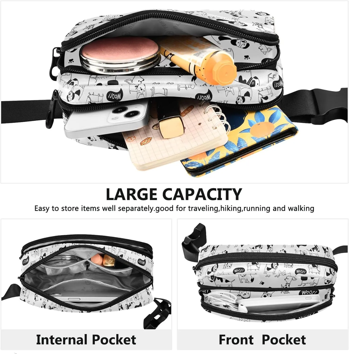 Black and White Dogs Women Fanny Pack Waterproof Hip Bag Belt Pouch Hiking Waist Purse for Women