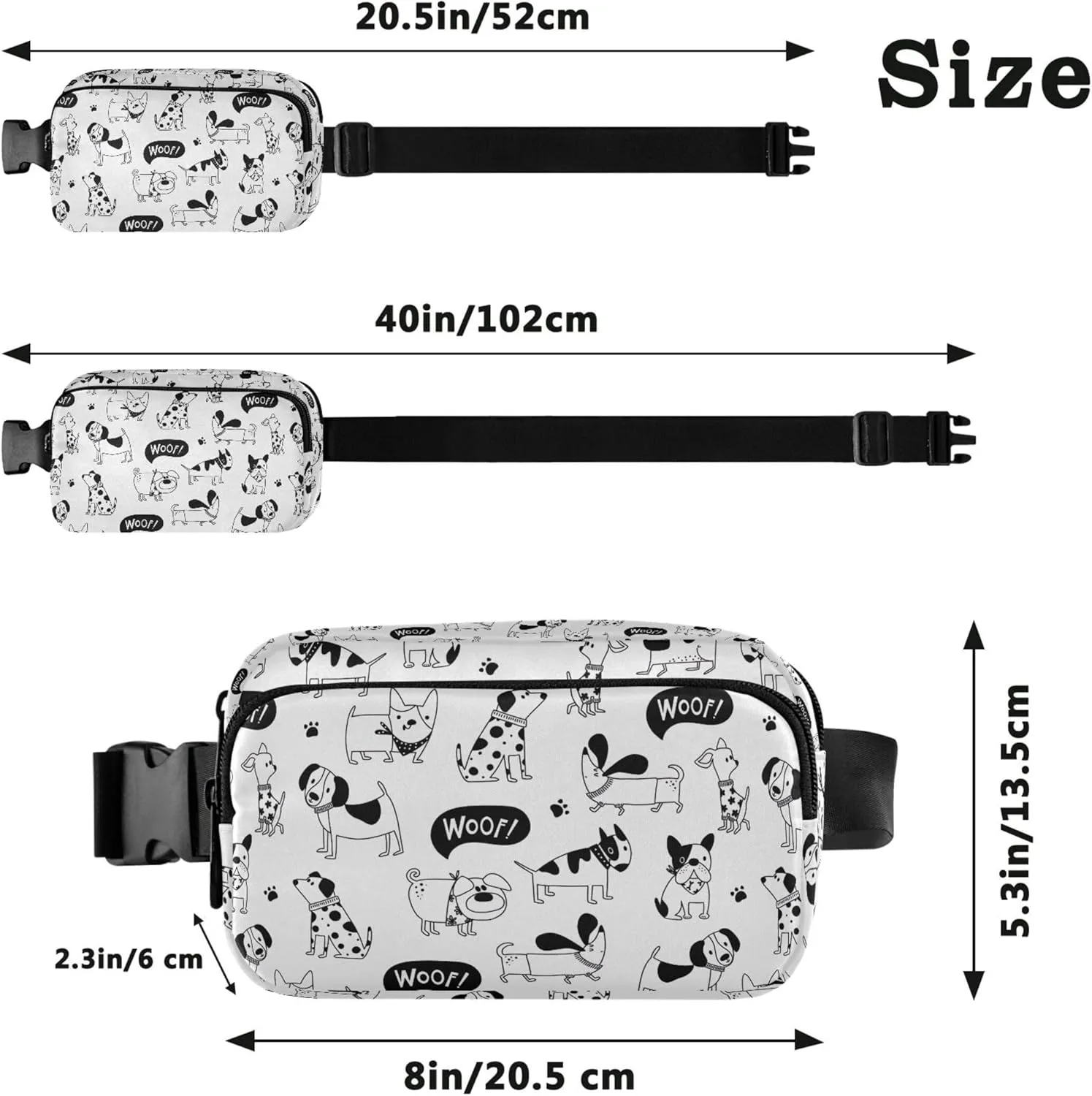 Black and White Dogs Women Fanny Pack Waterproof Hip Bag Belt Pouch Hiking Waist Purse for Women