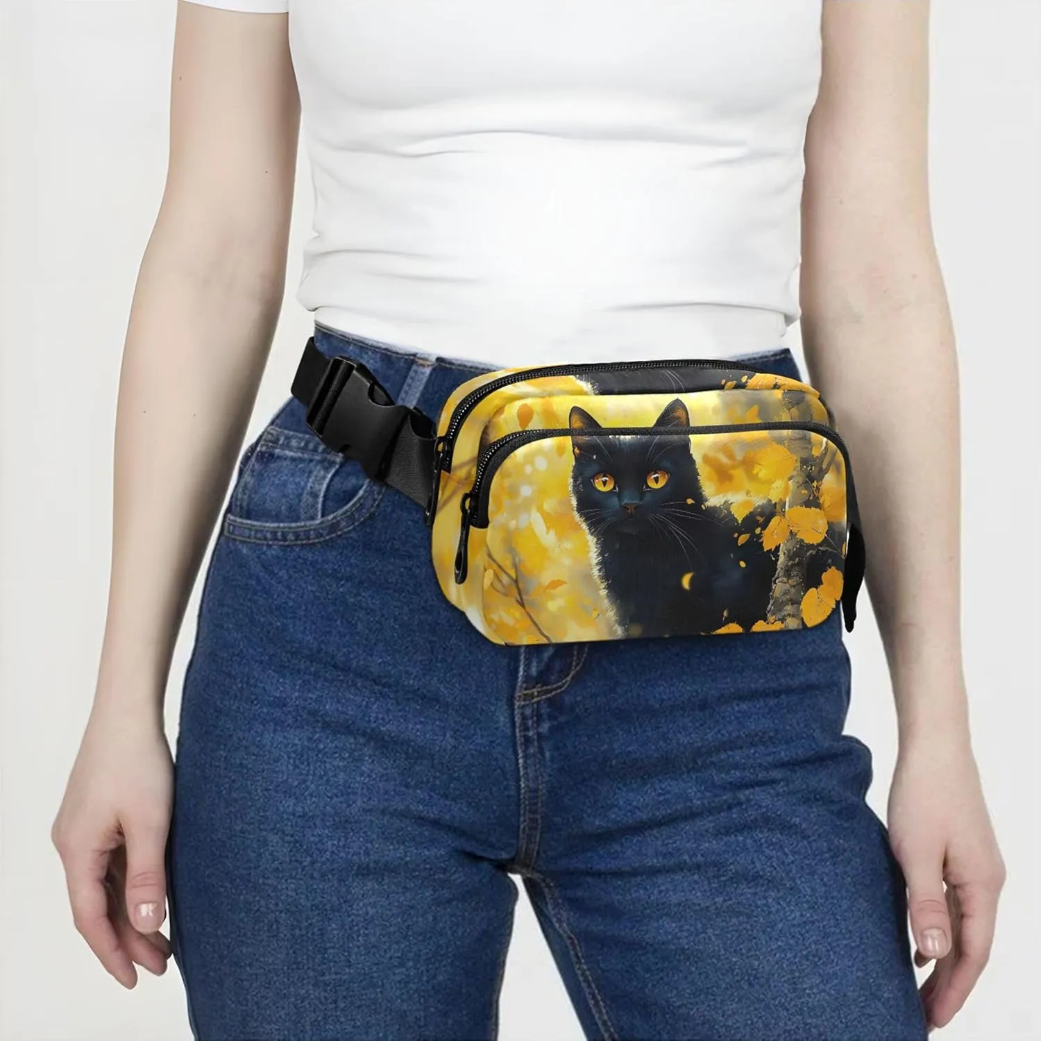 Black Cute Cat Yellow Forest Fanny Packs Women Waterproof Belt Bag Hip Pouch Cute Travel Waist Bag