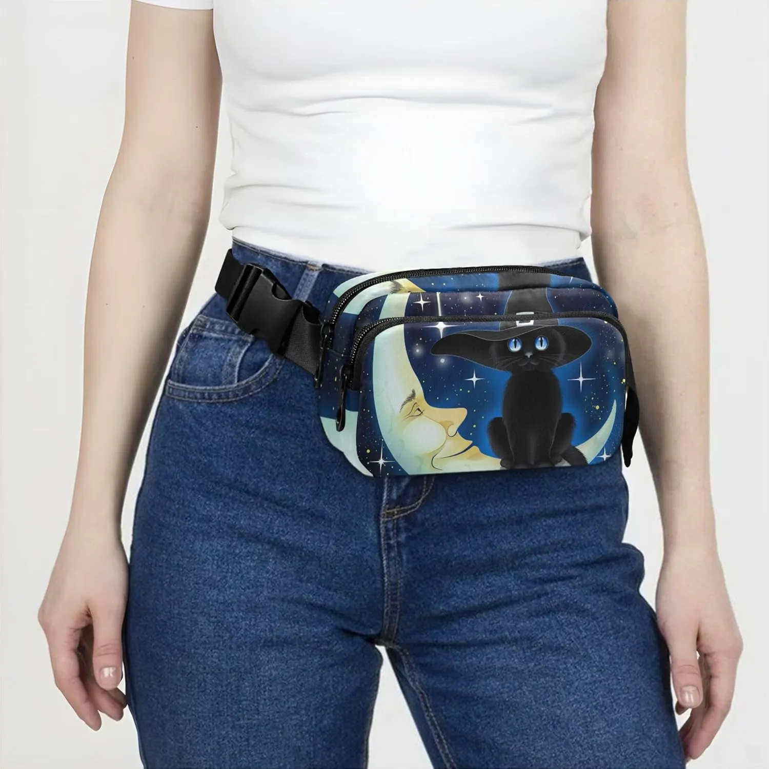 Black Witch Cat Moon Women Fanny Packs Trendy Hip Pouch Belt Bag Waterproof Waist Pouch for Women