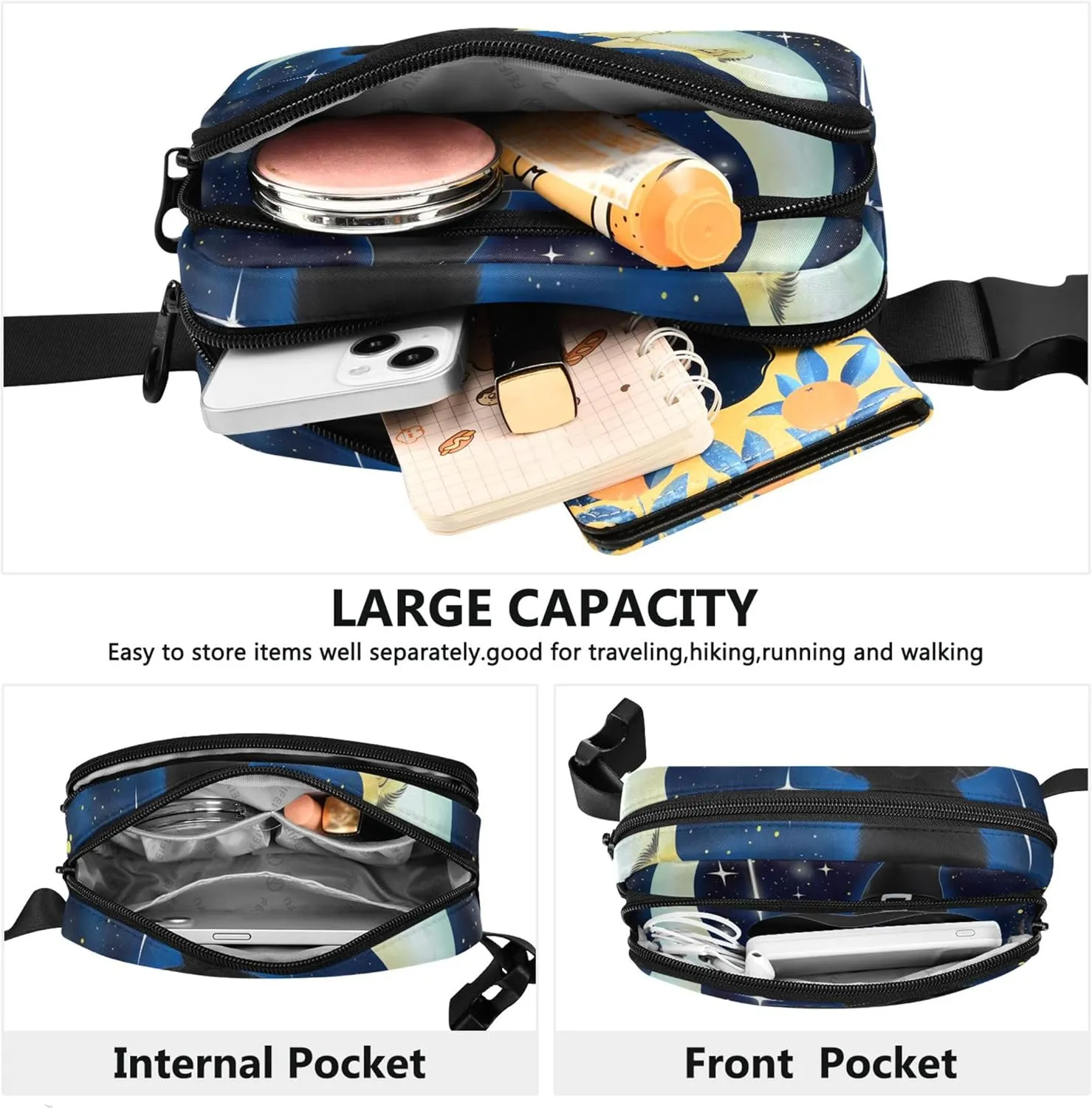 Black Witch Cat Moon Women Fanny Packs Trendy Hip Pouch Belt Bag Waterproof Waist Pouch for Women