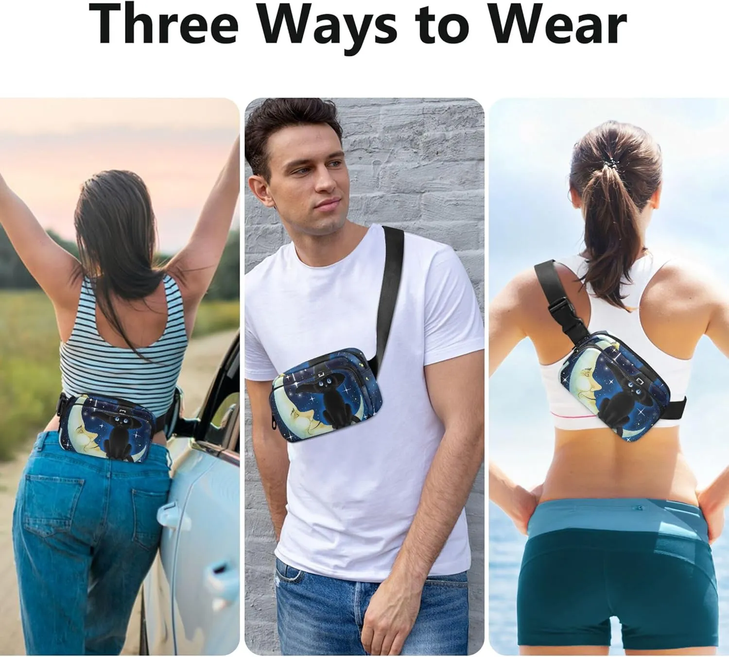 Black Witch Cat Moon Women Fanny Packs Trendy Hip Pouch Belt Bag Waterproof Waist Pouch for Women