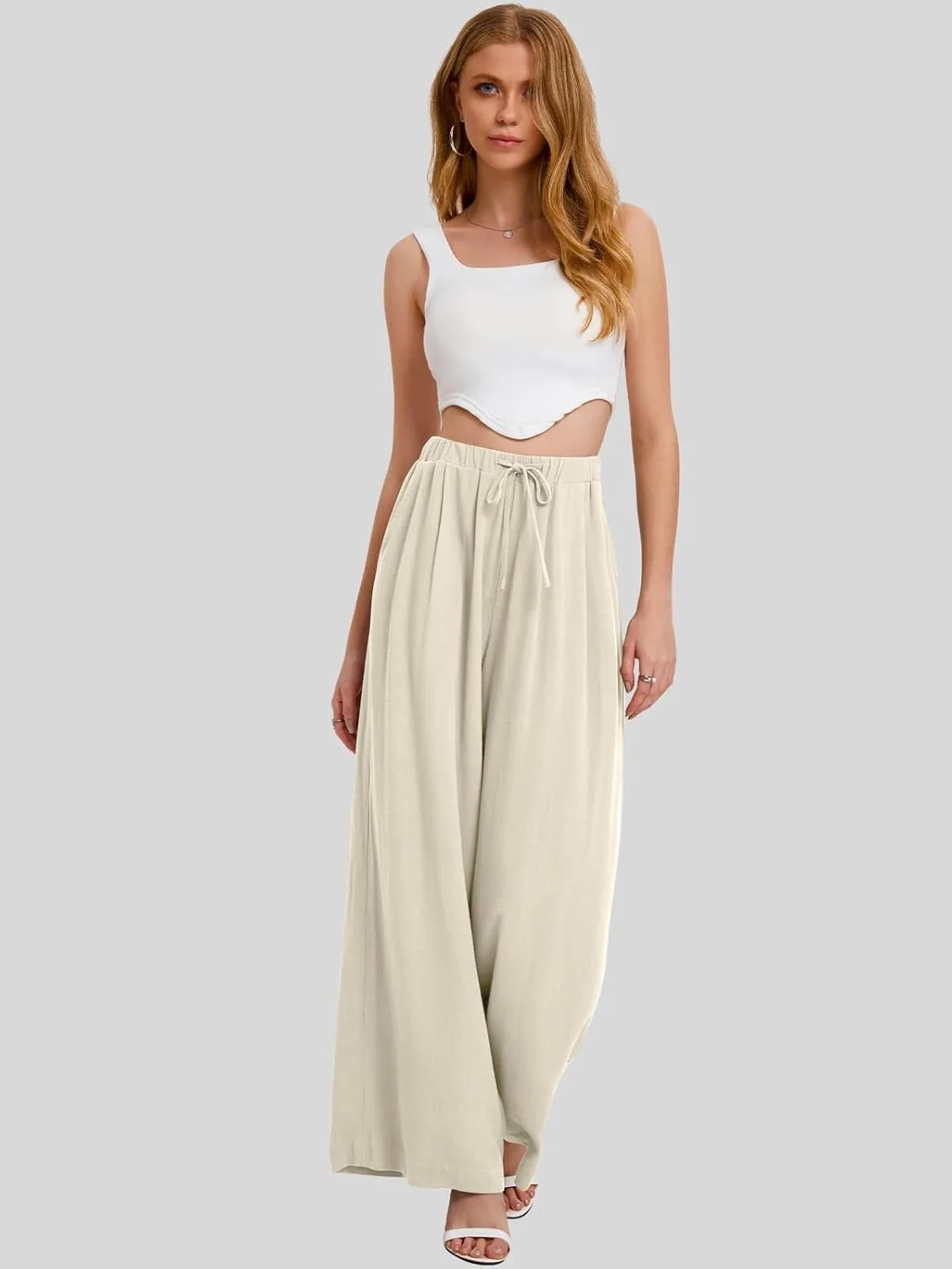 Bloggerlove Linen Palazzo Pants for Women Dressy Summer Wide Leg Flowy Pants Boho Linen Beach Trousers with Pockets