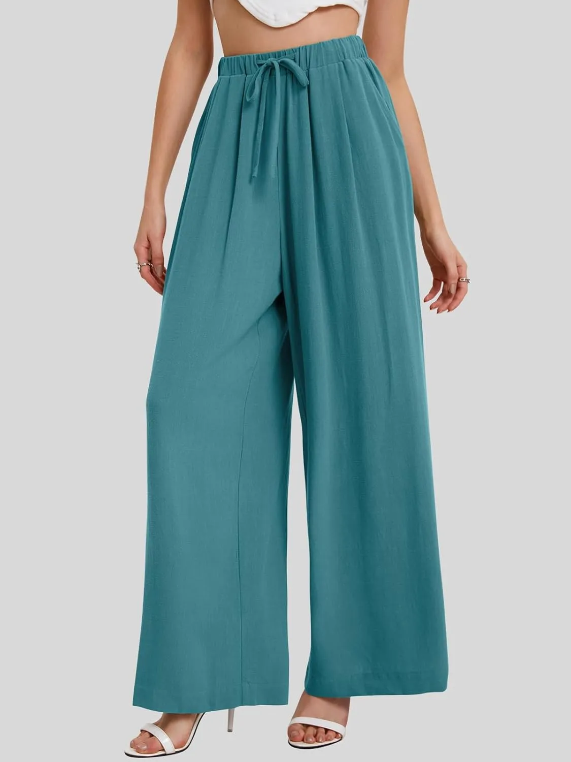 Bloggerlove Linen Palazzo Pants for Women Dressy Summer Wide Leg Flowy Pants Boho Linen Beach Trousers with Pockets