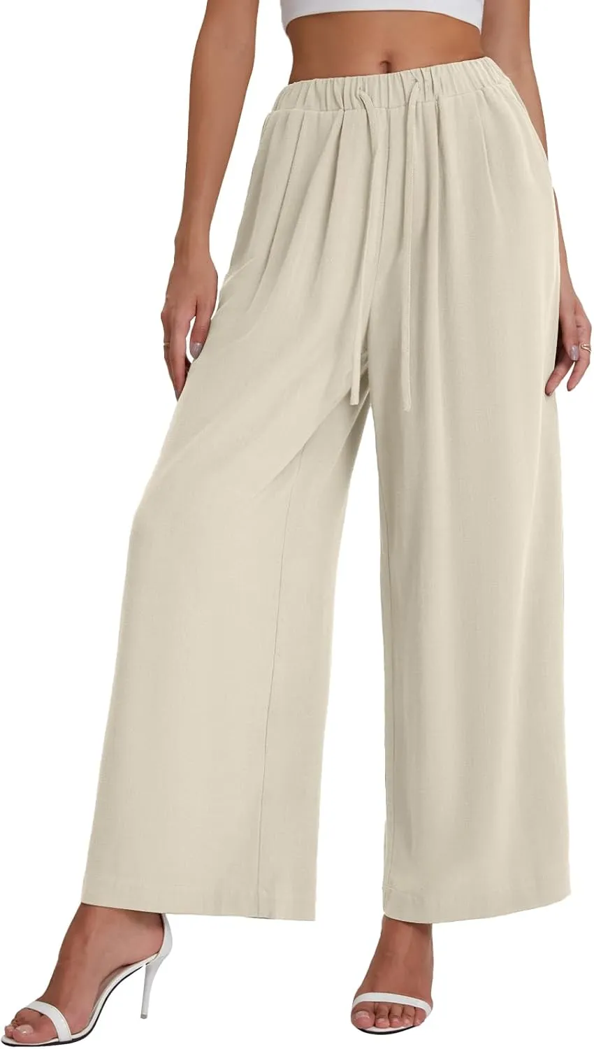 Bloggerlove Linen Palazzo Pants for Women Dressy Summer Wide Leg Flowy Pants Boho Linen Beach Trousers with Pockets