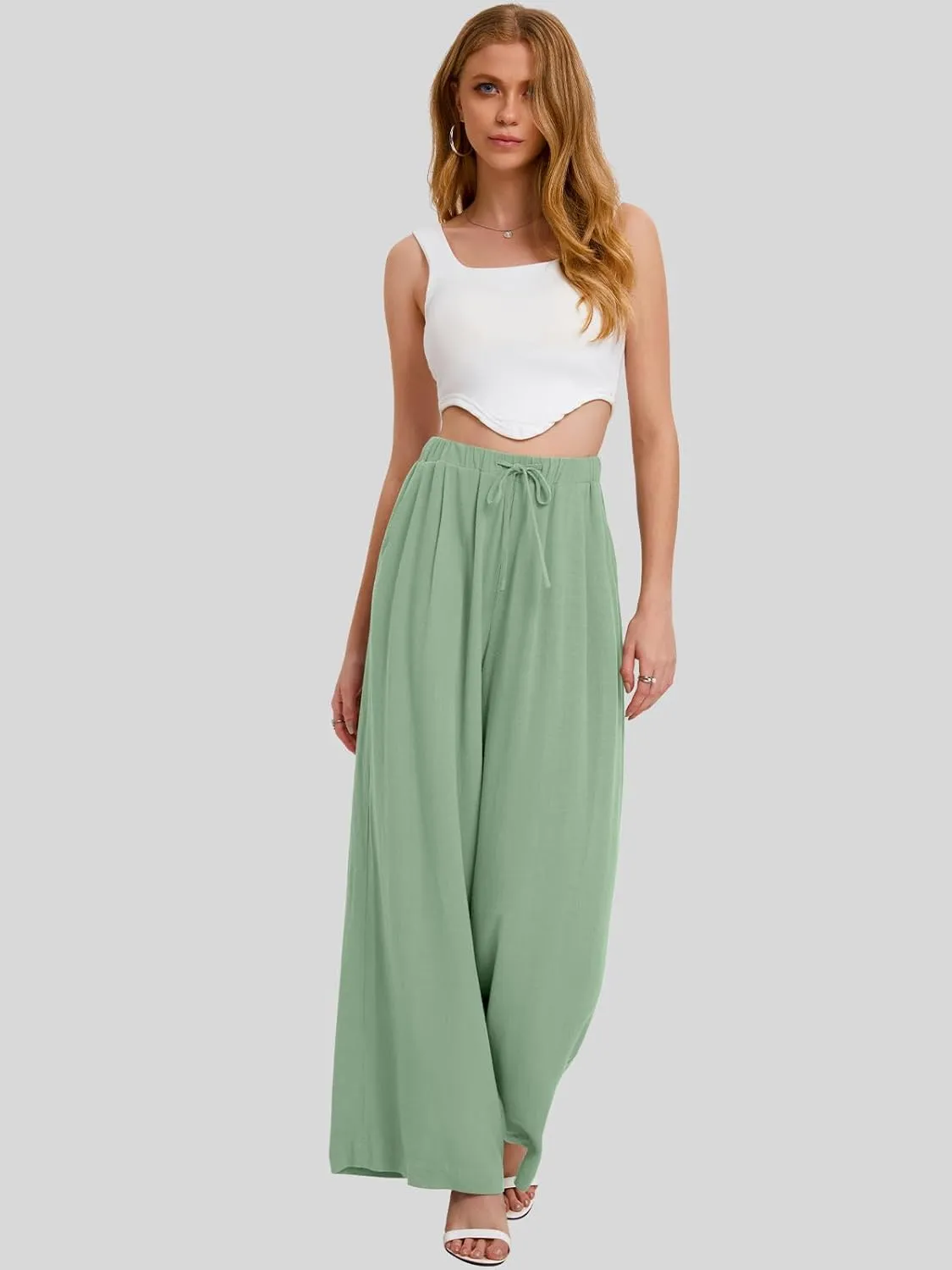 Bloggerlove Linen Palazzo Pants for Women Dressy Summer Wide Leg Flowy Pants Boho Linen Beach Trousers with Pockets