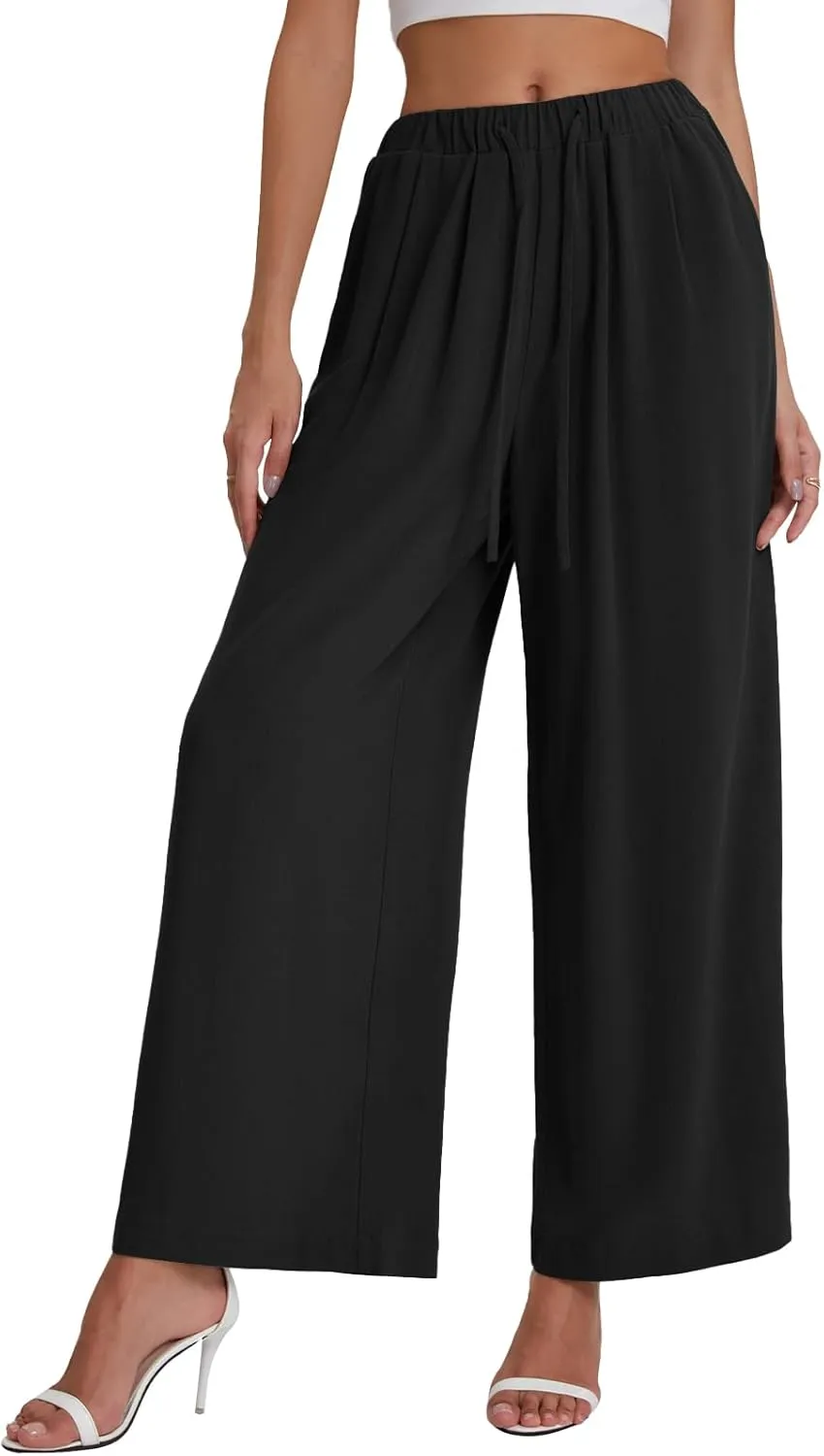 Bloggerlove Linen Palazzo Pants for Women Dressy Summer Wide Leg Flowy Pants Boho Linen Beach Trousers with Pockets