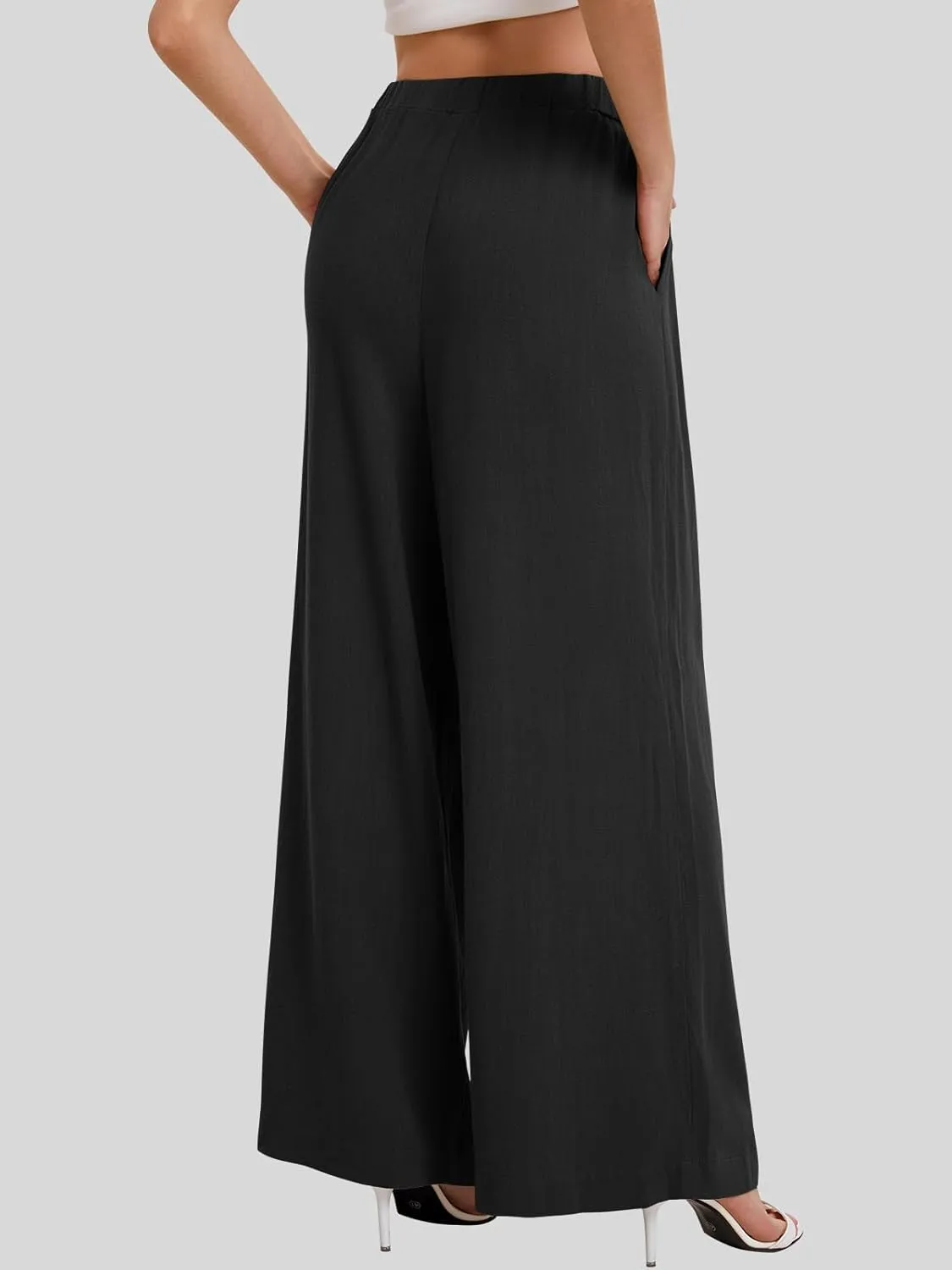 Bloggerlove Linen Palazzo Pants for Women Dressy Summer Wide Leg Flowy Pants Boho Linen Beach Trousers with Pockets