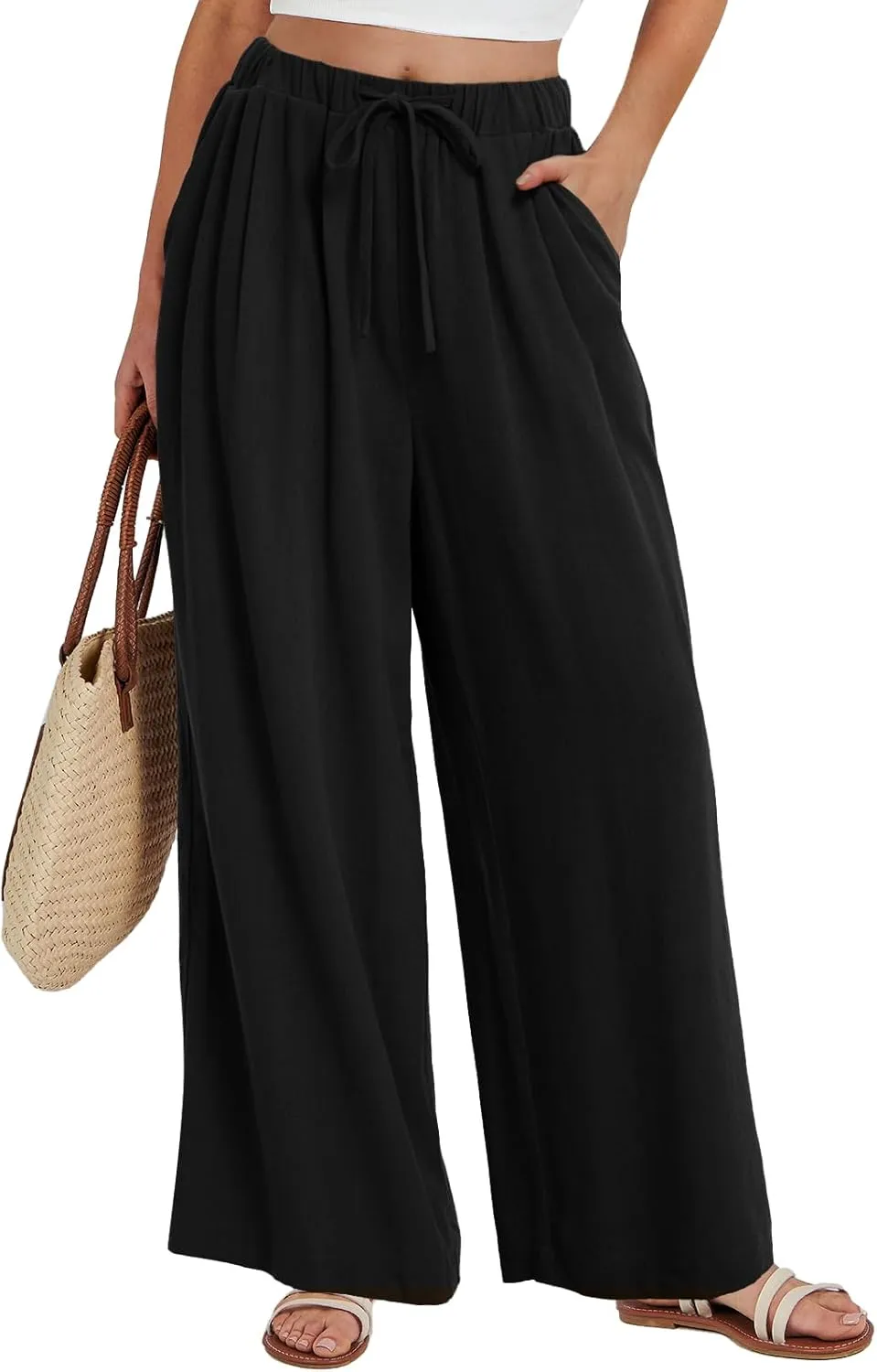 Bloggerlove Linen Palazzo Pants for Women Dressy Summer Wide Leg Flowy Pants Boho Linen Beach Trousers with Pockets