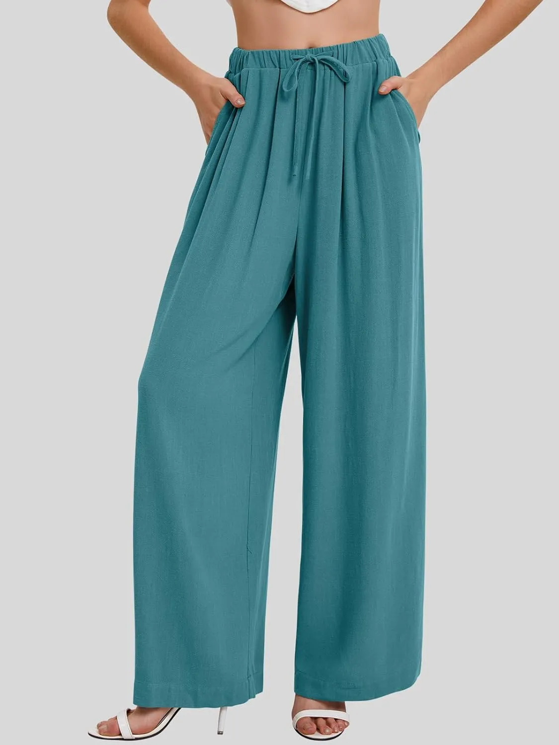 Bloggerlove Linen Palazzo Pants for Women Dressy Summer Wide Leg Flowy Pants Boho Linen Beach Trousers with Pockets