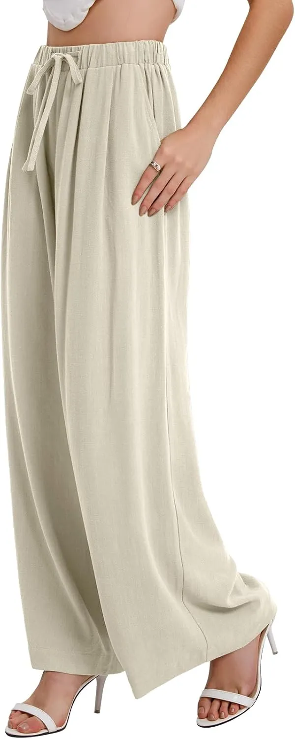 Bloggerlove Linen Palazzo Pants for Women Dressy Summer Wide Leg Flowy Pants Boho Linen Beach Trousers with Pockets