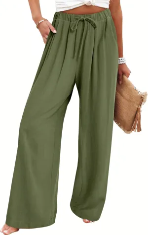 Bloggerlove Linen Palazzo Pants for Women Dressy Summer Wide Leg Flowy Pants Boho Linen Beach Trousers with Pockets