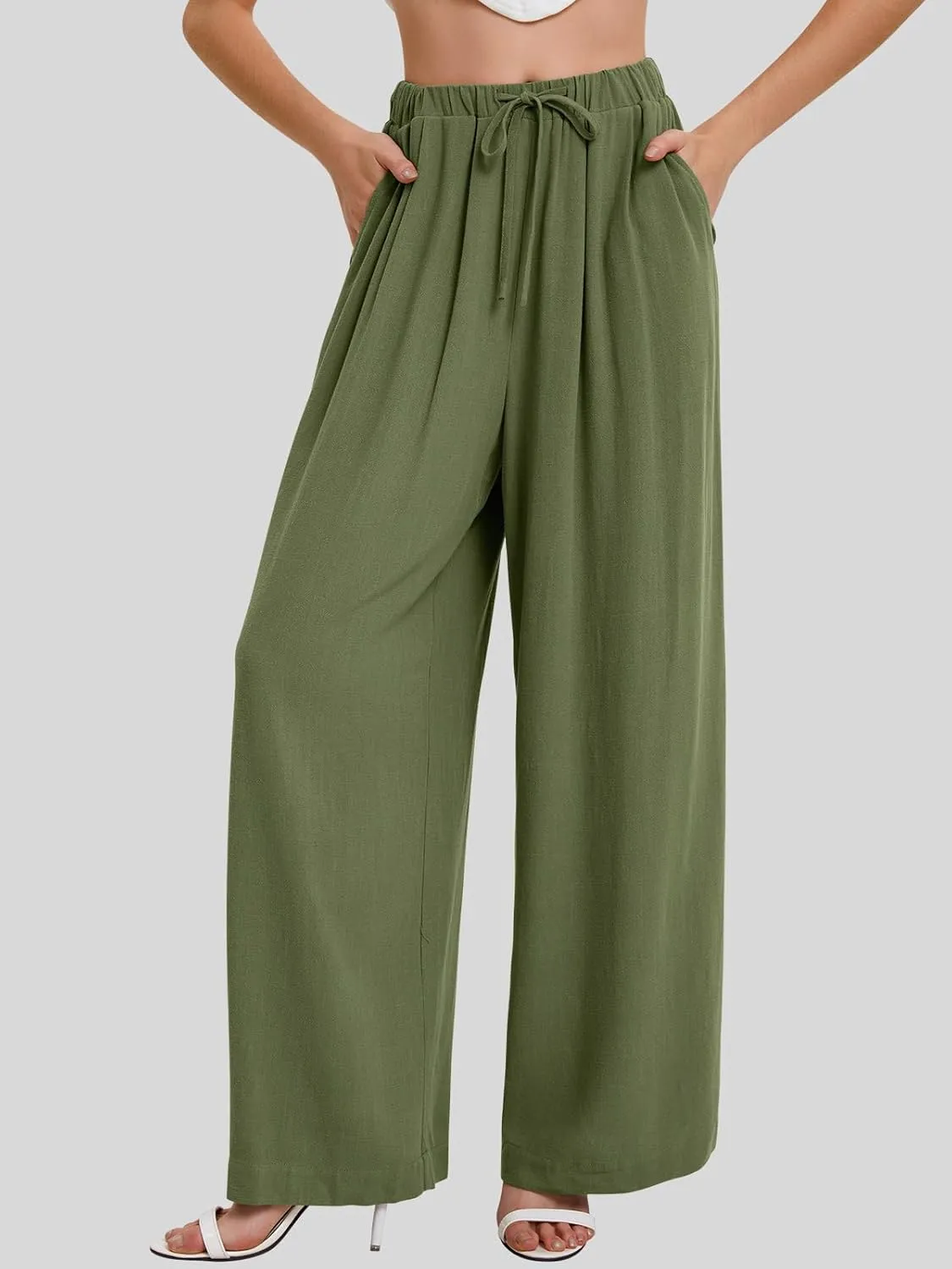 Bloggerlove Linen Palazzo Pants for Women Dressy Summer Wide Leg Flowy Pants Boho Linen Beach Trousers with Pockets