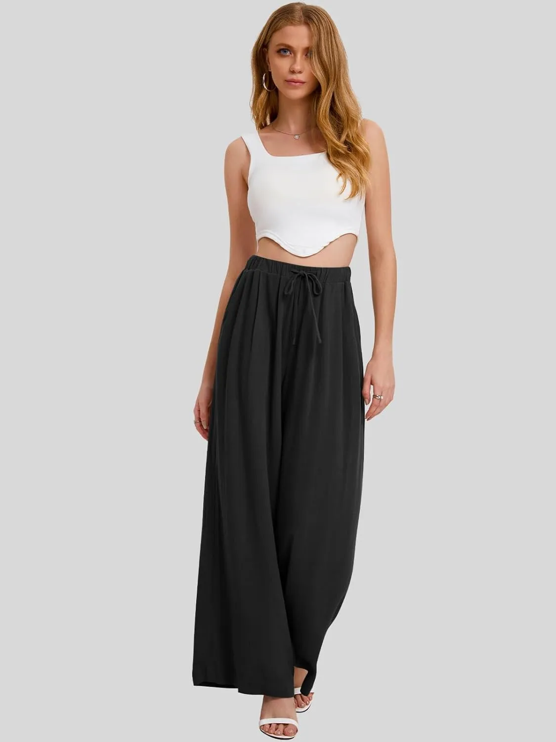 Bloggerlove Linen Palazzo Pants for Women Dressy Summer Wide Leg Flowy Pants Boho Linen Beach Trousers with Pockets