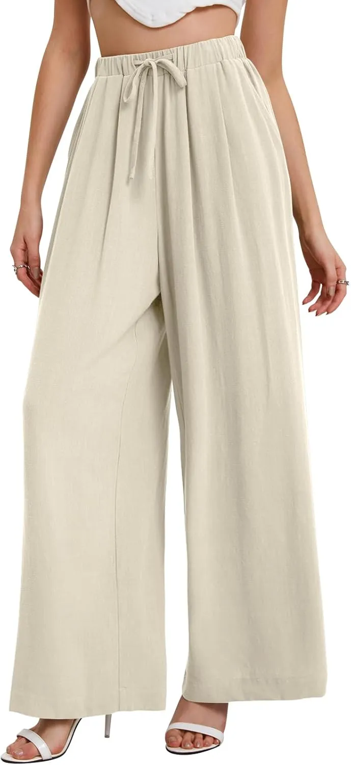 Bloggerlove Linen Palazzo Pants for Women Dressy Summer Wide Leg Flowy Pants Boho Linen Beach Trousers with Pockets