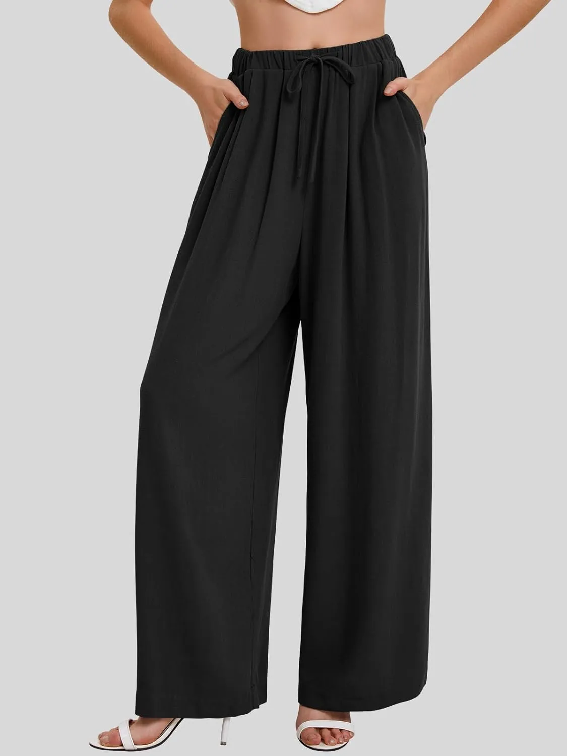 Bloggerlove Linen Palazzo Pants for Women Dressy Summer Wide Leg Flowy Pants Boho Linen Beach Trousers with Pockets