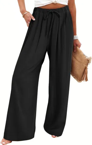 Bloggerlove Linen Palazzo Pants for Women Dressy Summer Wide Leg Flowy Pants Boho Linen Beach Trousers with Pockets