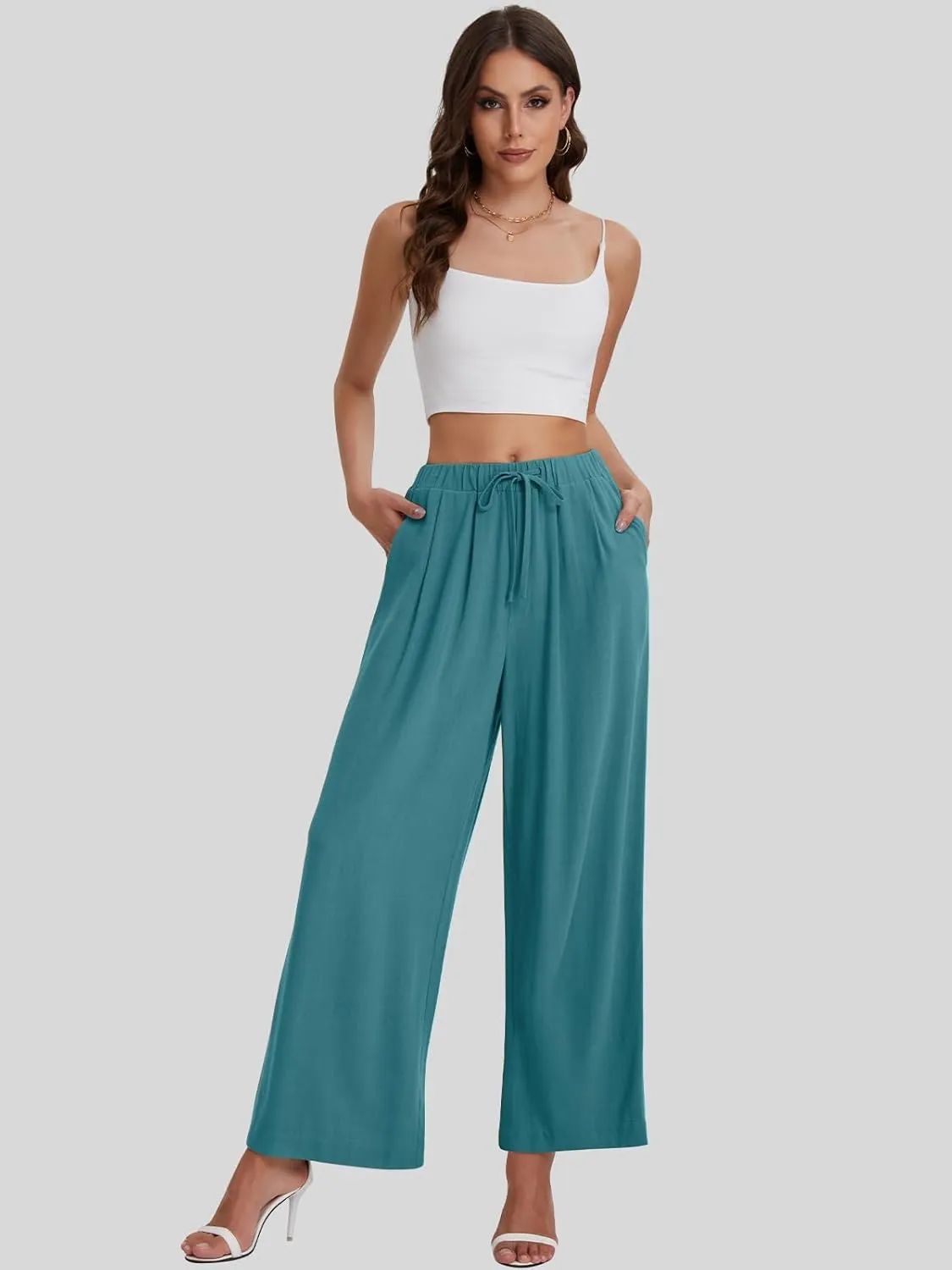 Bloggerlove Linen Palazzo Pants for Women Dressy Summer Wide Leg Flowy Pants Boho Linen Beach Trousers with Pockets