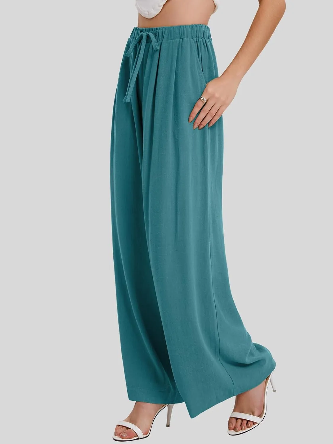 Bloggerlove Linen Palazzo Pants for Women Dressy Summer Wide Leg Flowy Pants Boho Linen Beach Trousers with Pockets