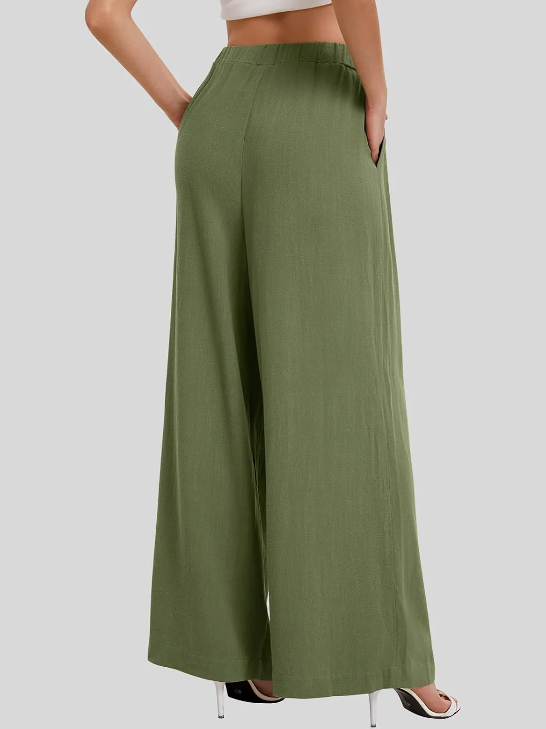 Bloggerlove Linen Palazzo Pants for Women Dressy Summer Wide Leg Flowy Pants Boho Linen Beach Trousers with Pockets