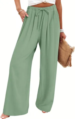 Bloggerlove Linen Palazzo Pants for Women Dressy Summer Wide Leg Flowy Pants Boho Linen Beach Trousers with Pockets