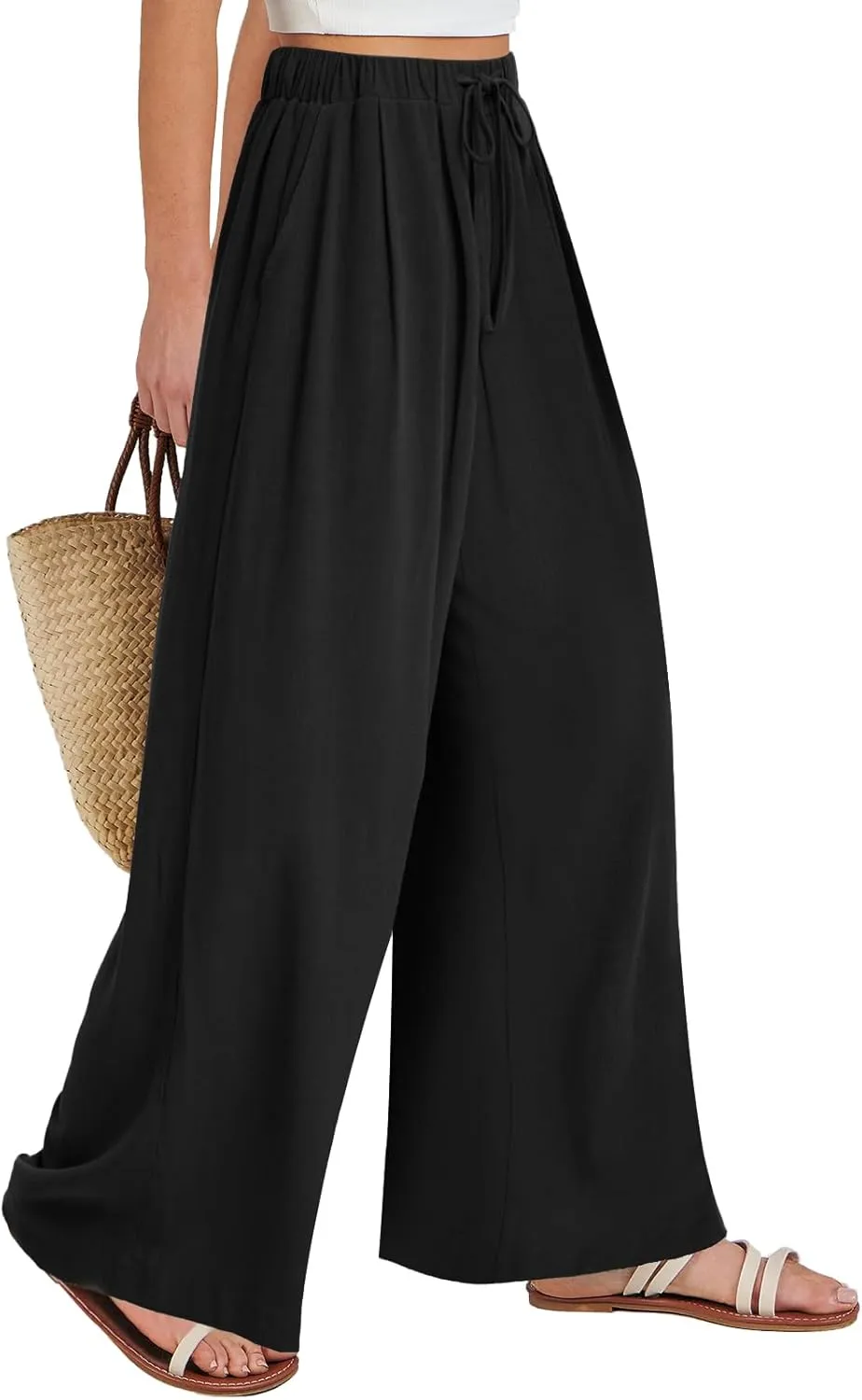 Bloggerlove Linen Palazzo Pants for Women Dressy Summer Wide Leg Flowy Pants Boho Linen Beach Trousers with Pockets