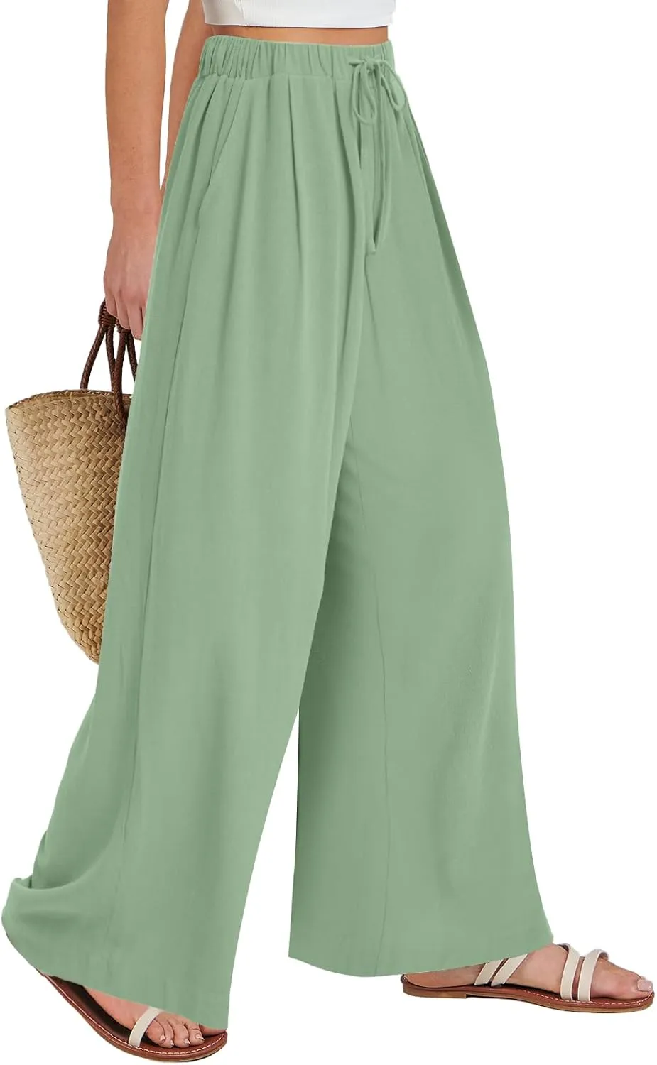 Bloggerlove Linen Palazzo Pants for Women Dressy Summer Wide Leg Flowy Pants Boho Linen Beach Trousers with Pockets